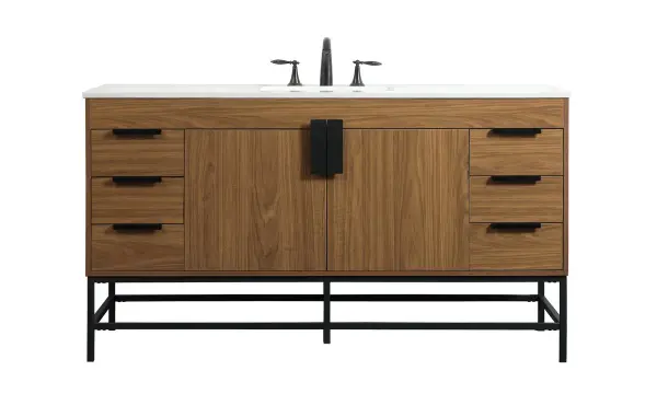 This vanity is a sleek-looking piece of bathroom furniture that is easy to incorporate into your design scheme. The cabinet features a smooth door panel with an oversized steel handle and soft close hinges provide ample room for accessories. Constructed of engineered wood, the powder-coated metal rod legs are an urban industrial look that we love. Minor assembly of the metal legs needed to get this vanity up and running. Collection: Eugene Rooms: bathroom Finish: walnut brown Width: 22.00" Height: 33.50" Length: 60.00" Weight: 210.00 lb Material: MDF Country of Origin: Vietnam Manufacturer Warranty: 1 year limited