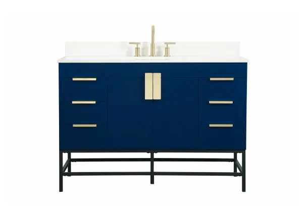 This vanity is a sleek-looking piece of bathroom furniture that is easy to incorporate into your design scheme. The cabinet features a smooth door panel with an oversized steel handle and soft close hinges provide ample room for accessories. Packed with multiple side drawers with soft close glides for added comfort and full access to bath supplies. Constructed of engineered wood, the powder-coated metal rod legs are an urban industrial look that we love. Minor assembly of the metal legs needed to get this vanity up and running. Comes with a matching backsplash to complete the look and protects your wall. Comes with a matching backsplash to complete the look and protects your wall. Collection: Eugene Rooms: bathroom Finish: Blue Width: 22.00" Height: 33.50" Length: 48.00" Weight: 197.00 lb Material: MDF Country of Origin: Vietnam Manufacturer Warranty: 1 year limited