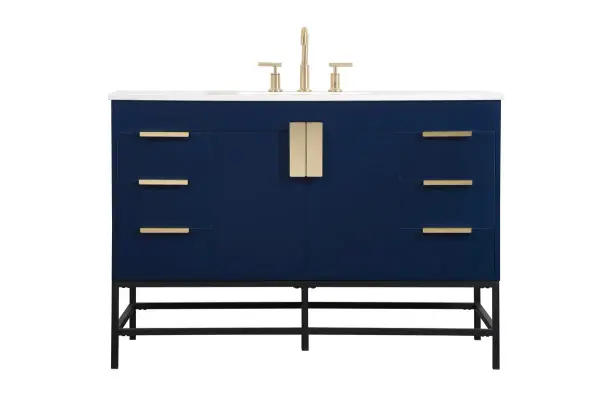 This vanity is a sleek-looking piece of bathroom furniture that is easy to incorporate into your design scheme. The cabinet features a smooth door panel with an oversized steel handle and soft close hinges provide ample room for accessories. Packed with multiple side drawers with soft close glides for added comfort and full access to bath supplies. Constructed of engineered wood, the powder-coated metal rod legs are an urban industrial look that we love. Minor assembly of the metal legs needed to get this vanity up and running. Collection: Eugene Rooms: bathroom Finish: Blue Width: 22.00" Height: 33.50" Length: 48.00" Weight: 178.00 lb Material: MDF Country of Origin: Vietnam Manufacturer Warranty: 1 year limited