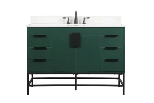 This vanity is a sleek-looking piece of bathroom furniture that is easy to incorporate into your design scheme. The cabinet features a smooth door panel with an oversized steel handle and soft close hinges provide ample room for accessories. Packed with multiple side drawers with soft close glides for added comfort and full access to bath supplies. Constructed of engineered wood, the powder-coated metal rod legs are an urban industrial look that we love. Minor assembly of the metal legs needed to get this vanity up and running. Comes with a matching backsplash to complete the look and protects your wall. Comes with a matching backsplash to complete the look and protects your wall. Collection: Eugene Rooms: bathroom Finish: Green Width: 22.00" Height: 33.50" Length: 48.00" Weight: 197.00 lb Material: MDF Country of Origin: Vietnam Manufacturer Warranty: 1 year limited