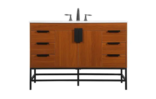 This vanity is a sleek-looking piece of bathroom furniture that is easy to incorporate into your design scheme. The cabinet features a smooth door panel with an oversized steel handle and soft close hinges provide ample room for accessories. Packed with multiple side drawers with soft close glides for added comfort and full access to bath supplies. Constructed of engineered wood, the powder-coated metal rod legs are an urban industrial look that we love. Minor assembly of the metal legs needed to get this vanity up and running. Comes with a matching backsplash to complete the look and protects your wall. Collection: Eugene Rooms: bathroom Finish: Teak Width: 22.00" Height: 33.50" Length: 48.00" Weight: 178.00 lb Material: MDF Country of Origin: Vietnam Manufacturer Warranty: 1 year limited