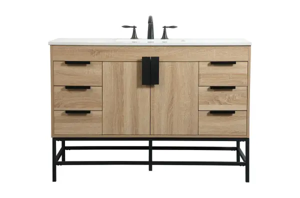 This vanity is a sleek-looking piece of bathroom furniture that is easy to incorporate into your design scheme. The cabinet features a smooth door panel with an oversized steel handle and soft close hinges provide ample room for accessories. Packed with multiple side drawers with soft close glides for added comfort and full access to bath supplies. Constructed of engineered wood, the powder-coated metal rod legs are an urban industrial look that we love. Minor assembly of the metal legs needed to get this vanity up and running. Comes with a matching backsplash to complete the look and protects your wall. Collection: Eugene Rooms: bathroom Finish: mango wood Width: 22.00" Height: 33.50" Length: 48.00" Weight: 178.00 lb Material: MDF Country of Origin: Vietnam Manufacturer Warranty: 1 year limited