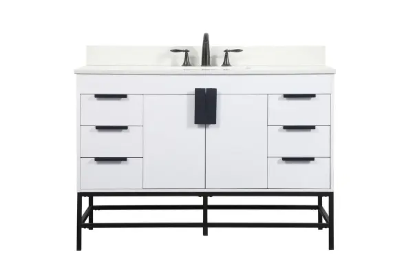 This vanity is a sleek-looking piece of bathroom furniture that is easy to incorporate into your design scheme. The cabinet features a smooth door panel with an oversized steel handle and soft close hinges provide ample room for accessories. Packed with multiple side drawers with soft close glides for added comfort and full access to bath supplies. Constructed of engineered wood, the powder-coated metal rod legs are an urban industrial look that we love. Minor assembly of the metal legs needed to get this vanity up and running. Comes with a matching backsplash to complete the look and protects your wall. Comes with a matching backsplash to complete the look and protects your wall. Collection: Eugene Rooms: bathroom Finish: white Width: 22.00" Height: 33.50" Length: 48.00" Weight: 197.00 lb Material: MDF Country of Origin: Vietnam Manufacturer Warranty: 1 year limited