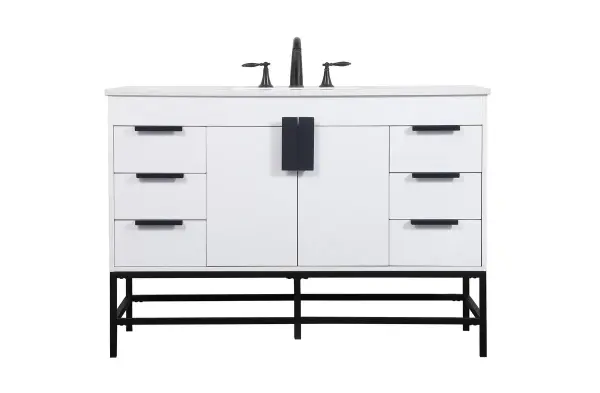 This vanity is a sleek-looking piece of bathroom furniture that is easy to incorporate into your design scheme. The cabinet features a smooth door panel with an oversized steel handle and soft close hinges provide ample room for accessories. Packed with multiple side drawers with soft close glides for added comfort and full access to bath supplies. Constructed of engineered wood, the powder-coated metal rod legs are an urban industrial look that we love. Minor assembly of the metal legs needed to get this vanity up and running. Comes with a matching backsplash to complete the look and protects your wall. Collection: Eugene Rooms: bathroom Finish: white Width: 22.00" Height: 33.50" Length: 48.00" Weight: 178.00 lb Material: MDF Country of Origin: Vietnam Manufacturer Warranty: 1 year limited