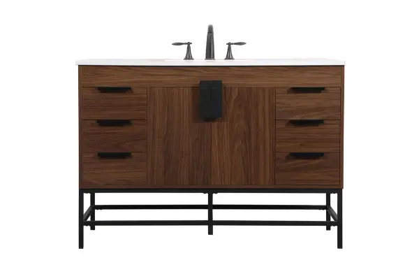 This vanity is a sleek-looking piece of bathroom furniture that is easy to incorporate into your design scheme. The cabinet features a smooth door panel with an oversized steel handle and soft close hinges provide ample room for accessories. Packed with multiple side drawers with soft close glides for added comfort and full access to bath supplies. Constructed of engineered wood, the powder-coated metal rod legs are an urban industrial look that we love. Minor assembly of the metal legs needed to get this vanity up and running. Comes with a matching backsplash to complete the look and protects your wall. Collection: Eugene Rooms: bathroom Finish: Walnut Width: 22.00" Height: 33.50" Length: 48.00" Weight: 178.00 lb Material: MDF Country of Origin: Vietnam Manufacturer Warranty: 1 year limited
