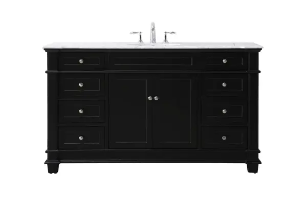 The Wesley Collection vanity cabinet will bring a settle pop of color into your bathroom. The flattering finish is a sophisticated color which creates a calming atmosphere in the room. The brushed nickel knobs bring a vibrant touch to balance the vanity. With the detailed engravings, the cabinet catches eyes with its beautiful lining work. Open the cabinet doors to store what you desire and make use of the spacious area. To top it off, the Carrara white marble adds a luxury and modern finish to the countertop. Collection: Wesley Rooms: bathroom Finish: black Width: 21.50" Height: 35.00" Length: 60.00" Weight: 275.00 lb Material: Solid wood and MDF Country of Origin: Vietnam Manufacturer Warranty: 1 year limited