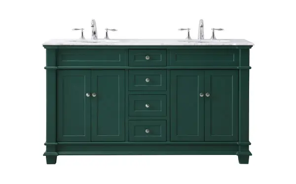 The Wesley Collection vanity cabinet will bring a settle pop of color into your bathroom. The flattering finish is a sophisticated color which creates a calming atmosphere in the room. The brushed nickel knobs bring a vibrant touch to balance the vanity. With the detailed engravings, the cabinet catches eyes with its beautiful lining work. Open the cabinet doors to store what you desire and make use of the spacious area. To top it off, the Carrara white marble adds a luxury and modern finish to the countertop. Collection: Wesley Rooms: bathroom Finish: black Width: 21.50" Height: 35.00" Length: 60.00" Weight: 250.00 lb Material: Solid wood and MDF Country of Origin: Vietnam Manufacturer Warranty: 1 year limited
