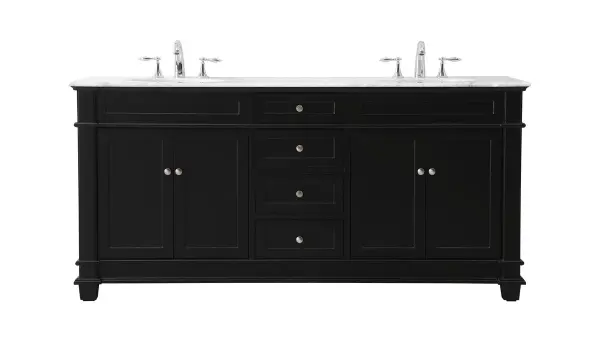 The Wesley Collection vanity cabinet will bring a settle pop of color into your bathroom. The flattering finish is a sophisticated color which creates a calming atmosphere in the room. The brushed nickel knobs bring a vibrant touch to balance the vanity. With the detailed engravings, the cabinet catches eyes with its beautiful lining work. Open the cabinet doors to store what you desire and make use of the spacious area. To top it off, the Carrara white marble adds a luxury and modern finish to the countertop. Collection: Wesley Rooms: bathroom Finish: black Width: 21.50" Height: 35.00" Length: 72.00" Weight: 280.00 lb Material: Solid wood and MDF Country of Origin: Vietnam Manufacturer Warranty: 1 year limited