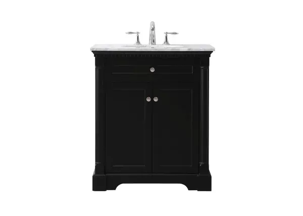 Make the most of your space with this traditional style bathroom vanity. Its traditional style is able to complement many aesthetics, natural marble countertop, and the round brushed nickel knobs that sits above the soft closing doors, allowing you to store an assortment of bathroom essentials. The lower shelf makes it the perfect space to hold new towels for your guests. This compact vanity ensures both form and function in your bathroom or powder room for you and your guests. Collection: Clarence Rooms: bathroom Finish: black Width: 21.50" Height: 35.00" Length: 30.00" Weight: 106.00 lb Material: Solid wood and MDF Country of Origin: Vietnam Manufacturer Warranty: 1 year limited