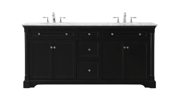 Make the most of your space with this traditional style bathroom vanity. Its traditional style is able to complement many aesthetics, natural marble countertop, and the round brushed nickel knobs that sits above the soft closing doors, allowing you to store an assortment of bathroom essentials. The lower shelf makes it the perfect space to hold new towels for your guests. This compact vanity ensures both form and function in your bathroom or powder room for you and your guests. Collection: Clarence Rooms: bathroom Finish: black Width: 21.50" Height: 35.00" Length: 72.00" Weight: 247.00 lb Material: Solid wood and MDF Country of Origin: Vietnam Manufacturer Warranty: 1 year limited
