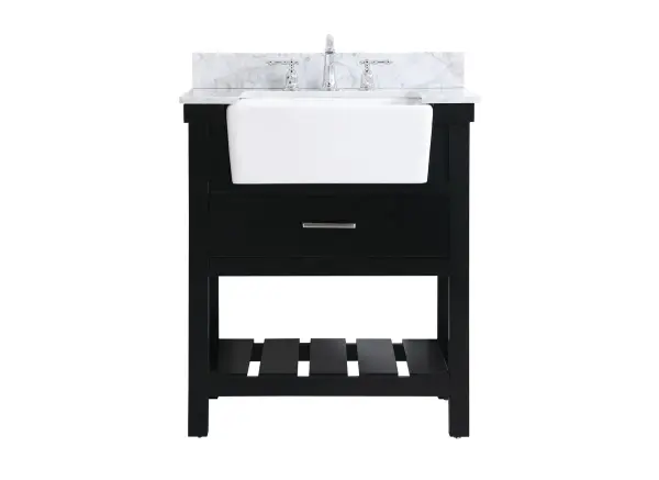 Make the most of your space with this farmhouse style bathroom vanity. Complements well with its beautiful finish, carrara white marble countertop, and the contemporary slender handle bar that sits on the functional drawers with soft closing mechanism, allowing you to store an assortment of bathroom essentials. The lower shelf makes it the perfect space to hold new towels for your guests. This stylish vanity ensures both form and function in your bathroom for you and your guests. Collection: Clement Rooms: bathroom Finish: black Width: 22.00" Height: 34.13" Length: 30.00" Weight: 130.00 lb Material: Solid wood and MDF Country of Origin: Vietnam Manufacturer Warranty: 1 year limited