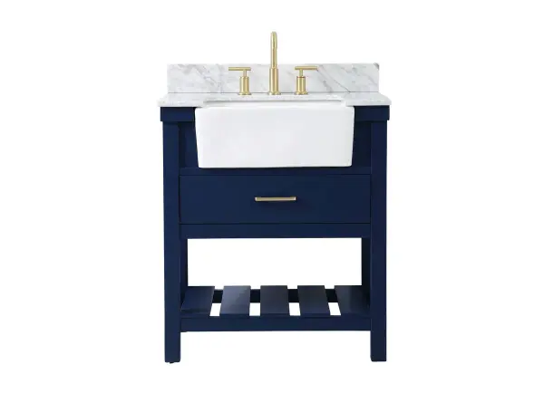 Make the most of your space with this farmhouse style bathroom vanity. Complements well with its beautiful finish, carrara white marble countertop, and the contemporary slender handle bar that sits on the functional drawers with soft closing mechanism, allowing you to store an assortment of bathroom essentials. The lower shelf makes it the perfect space to hold new towels for your guests. This stylish vanity ensures both form and function in your bathroom for you and your guests. Comes with a matching backsplash to complete the look and protects your wall. Collection: Clement Rooms: bathroom Finish: blue Width: 22.00" Height: 34.13" Length: 30.00" Weight: 130.00 lb Material: Solid wood and MDF Country of Origin: Vietnam Manufacturer Warranty: 1 year limited