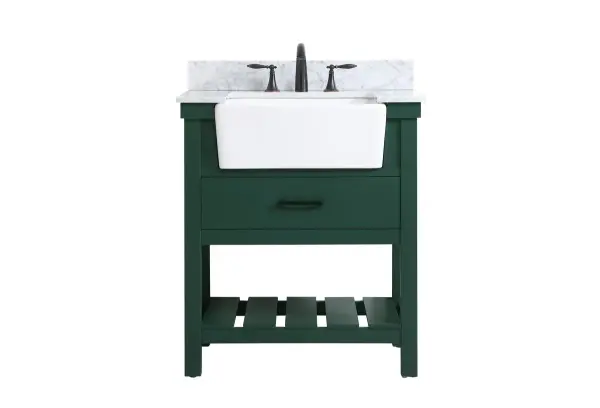 Make the most of your space with this farmhouse style bathroom vanity. Complements well with its beautiful finish, carrara white marble countertop, and the contemporary slender handle bar that sits on the functional drawers with soft closing mechanism, allowing you to store an assortment of bathroom essentials. The lower shelf makes it the perfect space to hold new towels for your guests. This stylish vanity ensures both form and function in your bathroom for you and your guests. Collection: Clement Rooms: bathroom Finish: green Width: 22.00" Height: 34.13" Length: 30.00" Weight: 130.00 lb Material: Solid wood and MDF Country of Origin: Vietnam Manufacturer Warranty: 1 year limited