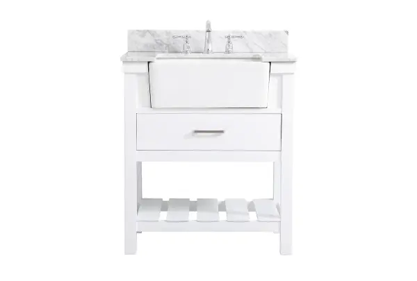 Make the most of your space with this farmhouse style bathroom vanity. Complements well with its beautiful finish, carrara white marble countertop, and the contemporary slender handle bar that sits on the functional drawers with soft closing mechanism, allowing you to store an assortment of bathroom essentials. The lower shelf makes it the perfect space to hold new towels for your guests. This stylish vanity ensures both form and function in your bathroom for you and your guests. Comes with a matching backsplash to complete the look and protects your wall. Collection: Clement Rooms: bathroom Finish: white Width: 22.00" Height: 34.13" Length: 30.00" Weight: 130.00 lb Material: Solid wood and MDF Country of Origin: Vietnam Manufacturer Warranty: 1 year limited