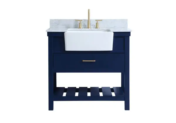 Make the most of your space with this farmhouse style bathroom vanity. Complements well with its beautiful finish, carrara white marble countertop, and the contemporary slender handle bar that sits on the functional drawers with soft closing mechanism, allowing you to store an assortment of bathroom essentials. The lower shelf makes it the perfect space to hold new towels for your guests. This stylish vanity ensures both form and function in your bathroom for you and your guests. Comes with a matching backsplash to complete the look and protects your wall. Collection: Clement Rooms: bathroom Finish: blue Width: 22.00" Height: 34.13" Length: 36.00" Weight: 152.00 lb Material: Solid wood and MDF Country of Origin: Vietnam Manufacturer Warranty: 1 year limited