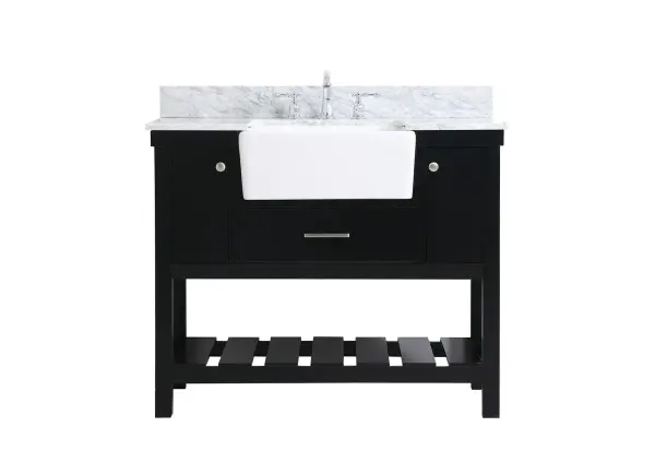 Make the most of your space with this farmhouse style bathroom vanity. Complements well with its beautiful finish, carrara white marble countertop, and the contemporary slender handle bar that sits on the functional drawers with soft closing mechanism, allowing you to store an assortment of bathroom essentials. The lower shelf makes it the perfect space to hold new towels for your guests. This stylish vanity ensures both form and function in your bathroom for you and your guests. Collection: Clement Rooms: bathroom Finish: black Width: 22.00" Height: 34.13" Length: 42.00" Weight: 175.00 lb Material: Solid wood and MDF Country of Origin: Vietnam Manufacturer Warranty: 1 year limited