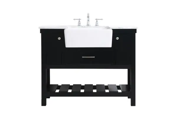 Make the most of your space with this farmhouse style bathroom vanity. Complements well with its beautiful finish, carrara white marble countertop, and the contemporary slender handle bar that sits on the functional drawers with soft closing mechanism, allowing you to store an assortment of bathroom essentials. The lower shelf makes it the perfect space to hold new towels for your guests. This stylish vanity ensures both form and function in your bathroom for you and your guests. Collection: Clement Rooms: bathroom Finish: black Width: 22.00" Height: 34.13" Length: 42.00" Weight: 165.00 lb Material: Solid wood and MDF Country of Origin: Vietnam Manufacturer Warranty: 1 year limited