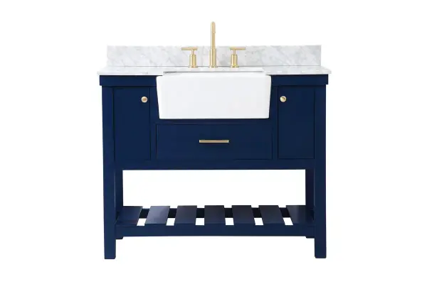 Make the most of your space with this farmhouse style bathroom vanity. Complements well with its beautiful finish, carrara white marble countertop, and the contemporary slender handle bar that sits on the functional drawers with soft closing mechanism, allowing you to store an assortment of bathroom essentials. The lower shelf makes it the perfect space to hold new towels for your guests. This stylish vanity ensures both form and function in your bathroom for you and your guests. Collection: Clement Rooms: bathroom Finish: blue Width: 22.00" Height: 34.13" Length: 42.00" Weight: 175.00 lb Material: Solid wood and MDF Country of Origin: Vietnam Manufacturer Warranty: 1 year limited