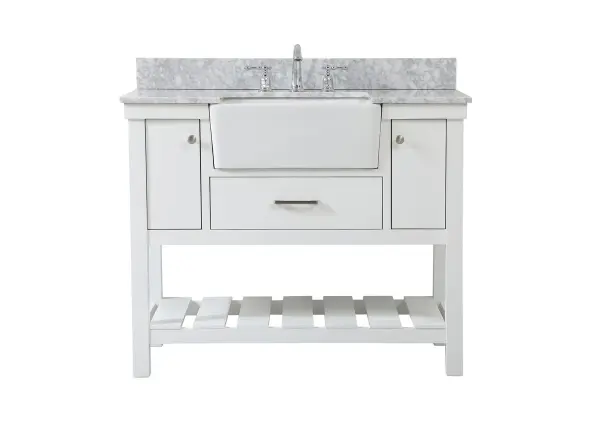 Make the most of your space with this farmhouse style bathroom vanity. Complements well with its beautiful finish, carrara white marble countertop, and the contemporary slender handle bar that sits on the functional drawers with soft closing mechanism, allowing you to store an assortment of bathroom essentials. The lower shelf makes it the perfect space to hold new towels for your guests. This stylish vanity ensures both form and function in your bathroom for you and your guests. Collection: Clement Rooms: bathroom Finish: white Width: 22.00" Height: 34.13" Length: 42.00" Weight: 175.00 lb Material: Solid wood and MDF Country of Origin: Vietnam Manufacturer Warranty: 1 year limited
