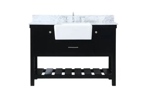 Make the most of your space with this farmhouse style bathroom vanity. Complements well with its beautiful finish, carrara white marble countertop, and the contemporary slender handle bar that sits on the functional drawers with soft closing mechanism, allowing you to store an assortment of bathroom essentials. The lower shelf makes it the perfect space to hold new towels for your guests. This stylish vanity ensures both form and function in your bathroom for you and your guests. Collection: Clement Rooms: bathroom Finish: black Width: 22.00" Height: 34.13" Length: 48.00" Weight: 197.00 lb Material: Solid wood and MDF Country of Origin: Vietnam Manufacturer Warranty: 1 year limited