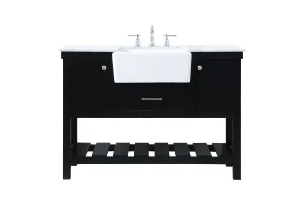 Make the most of your space with this farmhouse style bathroom vanity. Complements well with its beautiful finish, carrara white marble countertop, and the contemporary slender handle bar that sits on the functional drawers with soft closing mechanism, allowing you to store an assortment of bathroom essentials. The lower shelf makes it the perfect space to hold new towels for your guests. This stylish vanity ensures both form and function in your bathroom for you and your guests. Collection: Clement Rooms: bathroom Finish: black Width: 22.00" Height: 34.13" Length: 48.00" Weight: 185.00 lb Material: Solid wood and MDF Country of Origin: Vietnam Manufacturer Warranty: 1 year limited