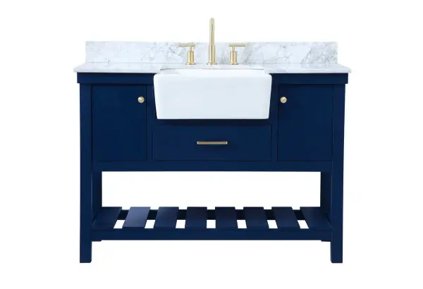 Make the most of your space with this farmhouse style bathroom vanity. Complements well with its beautiful finish, carrara white marble countertop, and the contemporary slender handle bar that sits on the functional drawers with soft closing mechanism, allowing you to store an assortment of bathroom essentials. The lower shelf makes it the perfect space to hold new towels for your guests. This stylish vanity ensures both form and function in your bathroom for you and your guests. Comes with a matching backsplash to complete the look and protects your wall. Collection: Clement Rooms: bathroom Finish: blue Width: 22.00" Height: 34.13" Length: 48.00" Weight: 197.00 lb Material: Solid wood and MDF Country of Origin: Vietnam Manufacturer Warranty: 1 year limited