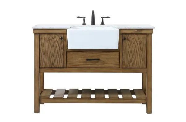 Make the most of your space with this farmhouse style bathroom vanity. Complements well with its beautiful finish, carrara white marble countertop, and the contemporary slender handle bar that sits on the functional drawers with soft closing mechanism, allowing you to store an assortment of bathroom essentials. The lower shelf makes it the perfect space to hold new towels for your guests. This stylish vanity ensures both form and function in your bathroom for you and your guests. Collection: Clement Rooms: bathroom Finish: driftwood Width: 22.00" Height: 34.13" Length: 48.00" Weight: 185.00 lb Material: Solid wood and MDF Country of Origin: Vietnam Manufacturer Warranty: 1 year limited