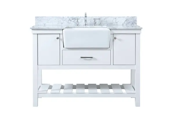 Make the most of your space with this farmhouse style bathroom vanity. Complements well with its beautiful finish, carrara white marble countertop, and the contemporary slender handle bar that sits on the functional drawers with soft closing mechanism, allowing you to store an assortment of bathroom essentials. The lower shelf makes it the perfect space to hold new towels for your guests. This stylish vanity ensures both form and function in your bathroom for you and your guests. Comes with a matching backsplash to complete the look and protects your wall. Collection: Clement Rooms: bathroom Finish: white Width: 22.00" Height: 34.13" Length: 48.00" Weight: 197.00 lb Material: Solid wood and MDF Country of Origin: Vietnam Manufacturer Warranty: 1 year limited