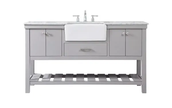 Make the most of your space with this farmhouse style bathroom vanity. Complements well with its beautiful finish, carrara white marble countertop, and the contemporary slender handle bar that sits on the functional drawers with soft closing mechanism, allowing you to store an assortment of bathroom essentials. The lower shelf makes it the perfect space to hold new towels for your guests. This stylish vanity ensures both form and function in your bathroom for you and your guests. Collection: Clement Rooms: bathroom Finish: black Width: 22.00" Height: 34.13" Length: 60.00" Weight: 216.00 lb Material: Solid wood and MDF Country of Origin: Vietnam Manufacturer Warranty: 1 year limited