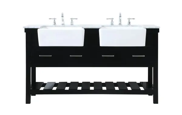 Make the most of your space with this farmhouse style bathroom vanity. Complements well with its beautiful finish, carrara white marble countertop, and the contemporary slender handle bar that sits on the functional drawers with soft closing mechanism, allowing you to store an assortment of bathroom essentials. The lower shelf makes it the perfect space to hold new towels for your guests. This stylish vanity ensures both form and function in your bathroom for you and your guests. Collection: Clement Rooms: bathroom Finish: black Width: 22.00" Height: 34.13" Length: 60.00" Weight: 242.00 lb Material: Solid wood and MDF Country of Origin: Vietnam Manufacturer Warranty: 1 year limited