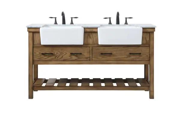 Make the most of your space with this farmhouse style bathroom vanity. Complements well with its beautiful finish, carrara white marble countertop, and the contemporary slender handle bar that sits on the functional drawers with soft closing mechanism, allowing you to store an assortment of bathroom essentials. The lower shelf makes it the perfect space to hold new towels for your guests. This stylish vanity ensures both form and function in your bathroom for you and your guests. Collection: Clement Rooms: bathroom Finish: driftwood Width: 22.00" Height: 34.13" Length: 60.00" Weight: 242.00 lb Material: Solid wood and MDF Country of Origin: Vietnam Manufacturer Warranty: 1 year limited