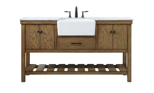 Make the most of your space with this farmhouse style bathroom vanity. Complements well with its beautiful finish, carrara white marble countertop, and the contemporary slender handle bar that sits on the functional drawers with soft closing mechanism, allowing you to store an assortment of bathroom essentials. The lower shelf makes it the perfect space to hold new towels for your guests. This stylish vanity ensures both form and function in your bathroom for you and your guests. Collection: Clement Rooms: bathroom Finish: driftwood Width: 22.00" Height: 34.13" Length: 60.00" Weight: 216.00 lb Material: Solid wood and MDF Country of Origin: Vietnam Manufacturer Warranty: 1 year limited