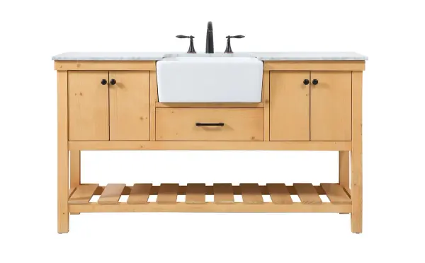 Make the most of your space with this farmhouse style bathroom vanity. Complements well with its beautiful finish, carrara white marble countertop, and the contemporary slender handle bar that sits on the functional drawers with soft closing mechanism, allowing you to store an assortment of bathroom essentials. The lower shelf makes it the perfect space to hold new towels for your guests. This stylish vanity ensures both form and function in your bathroom for you and your guests. Collection: Clement Rooms: bathroom Finish: natural wood Width: 22.00" Height: 34.13" Length: 60.00" Weight: 216.00 lb Material: Solid wood and MDF Country of Origin: Vietnam Manufacturer Warranty: 1 year limited