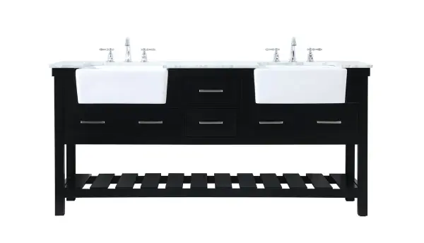 Make the most of your space with this farmhouse style bathroom vanity. Complements well with its beautiful finish, carrara white marble countertop, and the contemporary slender handle bar that sits on the functional drawers with soft closing mechanism, allowing you to store an assortment of bathroom essentials. The lower shelf makes it the perfect space to hold new towels for your guests. This stylish vanity ensures both form and function in your bathroom for you and your guests. Collection: Clement Rooms: bathroom Finish: black Width: 22.00" Height: 34.13" Length: 72.00" Weight: 293.00 lb Material: Solid wood and MDF Country of Origin: Vietnam Manufacturer Warranty: 1 year limited