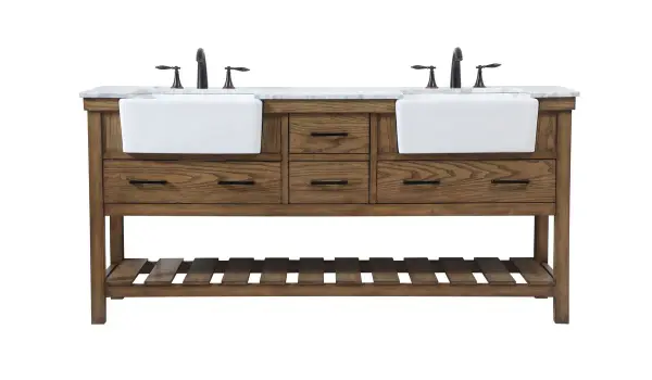 Make the most of your space with this farmhouse style bathroom vanity. Complements well with its beautiful finish, carrara white marble countertop, and the contemporary slender handle bar that sits on the functional drawers with soft closing mechanism, allowing you to store an assortment of bathroom essentials. The lower shelf makes it the perfect space to hold new towels for your guests. This stylish vanity ensures both form and function in your bathroom for you and your guests. Collection: Clement Rooms: bathroom Finish: driftwood Width: 22.00" Height: 34.13" Length: 72.00" Weight: 293.00 lb Material: Solid wood and MDF Country of Origin: Vietnam Manufacturer Warranty: 1 year limited