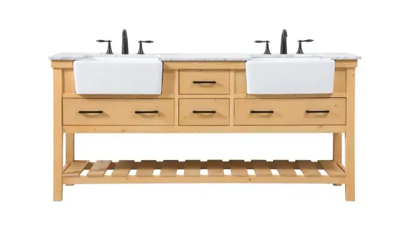 Make the most of your space with this farmhouse style bathroom vanity. Complements well with its beautiful finish, carrara white marble countertop, and the contemporary slender handle bar that sits on the functional drawers with soft closing mechanism, allowing you to store an assortment of bathroom essentials. The lower shelf makes it the perfect space to hold new towels for your guests. This stylish vanity ensures both form and function in your bathroom for you and your guests. Collection: Clement Rooms: bathroom Finish: natural wood Width: 22.00" Height: 34.13" Length: 72.00" Weight: 293.00 lb Material: Solid wood and MDF Country of Origin: Vietnam Manufacturer Warranty: 1 year limited