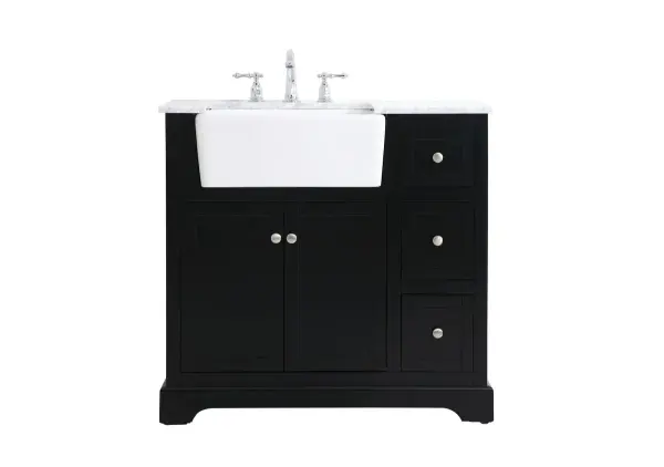 Make the most of your space with this farmhouse style bathroom vanity. Complements well with its beautiful finish, carrara white marble countertop, and the contemporary slender handle bar that sits on the functional drawers with soft closing mechanism, allowing you to store an assortment of bathroom essentials. This stylish vanity ensures both form and function in your bathroom for you and your guests. Collection: Franklin Rooms: bathroom Finish: black Width: 22.00" Height: 34.75" Length: 36.00" Weight: 174.00 lb Material: Solid wood and MDF Country of Origin: Vietnam Manufacturer Warranty: 1 year limited