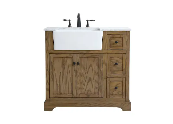 Make the most of your space with this farmhouse style bathroom vanity. Complements well with its beautiful finish, carrara white marble countertop, and the contemporary slender handle bar that sits on the functional drawers with soft closing mechanism, allowing you to store an assortment of bathroom essentials. The lower shelf makes it the perfect space to hold new towels for your guests. This stylish vanity ensures both form and function in your bathroom for you and your guests. Collection: Franklin Rooms: bathroom Finish: driftwood Width: 22.00" Height: 34.75" Length: 36.00" Weight: 174.00 lb Material: Solid wood and MDF Country of Origin: Vietnam Manufacturer Warranty: 1 year limited