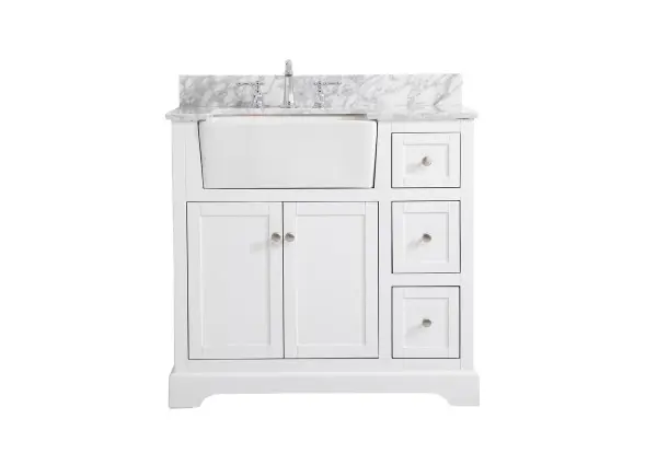 Make the most of your space with this farmhouse style bathroom vanity. Complements well with its beautiful finish, carrara white marble countertop, and the contemporary slender handle bar that sits on the functional drawers with soft closing mechanism, allowing you to store an assortment of bathroom essentials. The lower shelf makes it the perfect space to hold new towels for your guests. This stylish vanity ensures both form and function in your bathroom for you and your guests. Comes with a matching backsplash to complete the look and protects your wall. Collection: Franklin Rooms: bathroom Finish: white Width: 22.00" Height: 34.75" Length: 36.00" Weight: 183.00 lb Material: Solid wood and MDF Country of Origin: Vietnam Manufacturer Warranty: 1 year limited