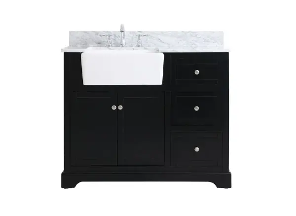 Make the most of your space with this farmhouse style bathroom vanity. Complements well with its beautiful finish, carrara white marble countertop, and the contemporary slender handle bar that sits on the functional drawers with soft closing mechanism, allowing you to store an assortment of bathroom essentials. This stylish vanity ensures both form and function in your bathroom for you and your guests. Collection: Franklin Rooms: bathroom Finish: black Width: 22.00" Height: 34.75" Length: 42.00" Weight: 204.00 lb Material: Solid wood and MDF Country of Origin: Vietnam Manufacturer Warranty: 1 year limited