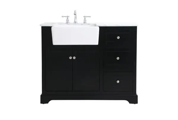 Make the most of your space with this farmhouse style bathroom vanity. Complements well with its beautiful finish, carrara white marble countertop, and the contemporary slender handle bar that sits on the functional drawers with soft closing mechanism, allowing you to store an assortment of bathroom essentials. This stylish vanity ensures both form and function in your bathroom for you and your guests. Collection: Franklin Rooms: bathroom Finish: black Width: 22.00" Height: 34.75" Length: 42.00" Weight: 194.00 lb Material: Solid wood and MDF Country of Origin: Vietnam Manufacturer Warranty: 1 year limited