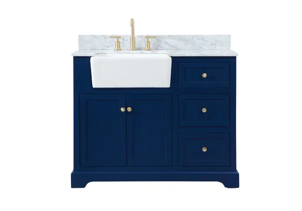 Make the most of your space with this farmhouse style bathroom vanity. Complements well with its beautiful finish, carrara white marble countertop, and the contemporary slender handle bar that sits on the functional drawers with soft closing mechanism, allowing you to store an assortment of bathroom essentials. The lower shelf makes it the perfect space to hold new towels for your guests. This stylish vanity ensures both form and function in your bathroom for you and your guests. Comes with a matching backsplash to complete the look and protects your wall. Collection: Franklin Rooms: bathroom Finish: blue Width: 22.00" Height: 34.75" Length: 42.00" Weight: 204.00 lb Material: Solid wood and MDF Country of Origin: Vietnam Manufacturer Warranty: 1 year limited