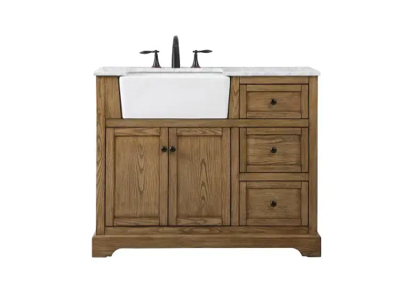 Make the most of your space with this farmhouse style bathroom vanity. Complements well with its beautiful finish, carrara white marble countertop, and the contemporary slender handle bar that sits on the functional drawers with soft closing mechanism, allowing you to store an assortment of bathroom essentials. The lower shelf makes it the perfect space to hold new towels for your guests. This stylish vanity ensures both form and function in your bathroom for you and your guests. Collection: Franklin Rooms: bathroom Finish: driftwood Width: 22.00" Height: 34.75" Length: 42.00" Weight: 194.00 lb Material: Solid wood and MDF Country of Origin: Vietnam Manufacturer Warranty: 1 year limited