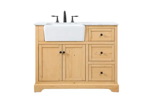Make the most of your space with this farmhouse style bathroom vanity. Complements well with its beautiful finish, carrara white marble countertop, and the contemporary slender handle bar that sits on the functional drawers with soft closing mechanism, allowing you to store an assortment of bathroom essentials. The lower shelf makes it the perfect space to hold new towels for your guests. This stylish vanity ensures both form and function in your bathroom for you and your guests. Collection: Franklin Rooms: bathroom Finish: natural wood Width: 22.00" Height: 34.75" Length: 42.00" Weight: 194.00 lb Material: Solid wood and MDF Country of Origin: Vietnam Manufacturer Warranty: 1 year limited