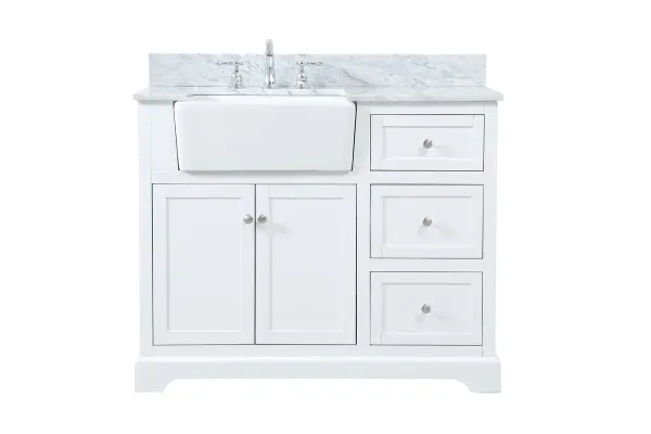 Make the most of your space with this farmhouse style bathroom vanity. Complements well with its beautiful finish, carrara white marble countertop, and the contemporary slender handle bar that sits on the functional drawers with soft closing mechanism, allowing you to store an assortment of bathroom essentials. The lower shelf makes it the perfect space to hold new towels for your guests. This stylish vanity ensures both form and function in your bathroom for you and your guests. Comes with a matching backsplash to complete the look and protects your wall. Collection: Franklin Rooms: bathroom Finish: white Width: 22.00" Height: 34.75" Length: 42.00" Weight: 204.00 lb Material: Solid wood and MDF Country of Origin: Vietnam Manufacturer Warranty: 1 year limited