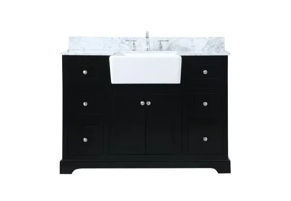 Make the most of your space with this farmhouse style bathroom vanity. Complements well with its beautiful finish, carrara white marble countertop, and the contemporary slender handle bar that sits on the functional drawers with soft closing mechanism, allowing you to store an assortment of bathroom essentials. This stylish vanity ensures both form and function in your bathroom for you and your guests. Collection: Franklin Rooms: bathroom Finish: black Width: 22.00" Height: 34.75" Length: 48.00" Weight: 265.00 lb Material: Solid wood and MDF Country of Origin: Vietnam Manufacturer Warranty: 1 year limited