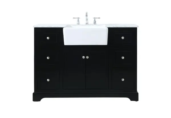 Make the most of your space with this farmhouse style bathroom vanity. Complements well with its beautiful finish, carrara white marble countertop, and the contemporary slender handle bar that sits on the functional drawers with soft closing mechanism, allowing you to store an assortment of bathroom essentials. This stylish vanity ensures both form and function in your bathroom for you and your guests. Collection: Franklin Rooms: bathroom Finish: black Width: 22.00" Height: 34.75" Length: 48.00" Weight: 253.00 lb Material: Solid wood and MDF Country of Origin: Vietnam Manufacturer Warranty: 1 year limited