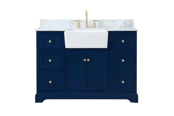 Make the most of your space with this farmhouse style bathroom vanity. Complements well with its beautiful finish, carrara white marble countertop, and the contemporary slender handle bar that sits on the functional drawers with soft closing mechanism, allowing you to store an assortment of bathroom essentials. The lower shelf makes it the perfect space to hold new towels for your guests. This stylish vanity ensures both form and function in your bathroom for you and your guests. Comes with a matching backsplash to complete the look and protects your wall. Collection: Franklin Rooms: bathroom Finish: blue Width: 22.00" Height: 34.75" Length: 48.00" Weight: 265.00 lb Material: Solid wood and MDF Country of Origin: Vietnam Manufacturer Warranty: 1 year limited