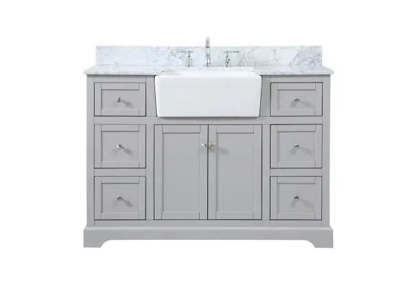 Make the most of your space with this farmhouse style bathroom vanity. Complements well with its beautiful finish, carrara white marble countertop, and the contemporary slender handle bar that sits on the functional drawers with soft closing mechanism, allowing you to store an assortment of bathroom essentials. The lower shelf makes it the perfect space to hold new towels for your guests. This stylish vanity ensures both form and function in your bathroom for you and your guests. Comes with a matching backsplash to complete the look and protects your wall. Collection: Franklin Rooms: bathroom Finish: grey Width: 22.00" Height: 34.75" Length: 48.00" Weight: 265.00 lb Material: Solid wood and MDF Country of Origin: Vietnam Manufacturer Warranty: 1 year limited