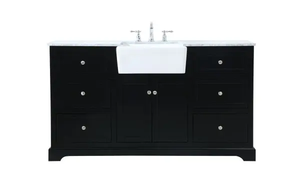 Make the most of your space with this farmhouse style bathroom vanity. Complements well with its beautiful finish, carrara white marble countertop, and the contemporary slender handle bar that sits on the functional drawers with soft closing mechanism, allowing you to store an assortment of bathroom essentials. This stylish vanity ensures both form and function in your bathroom for you and your guests. Collection: Franklin Rooms: bathroom Finish: black Width: 22.00" Height: 34.75" Length: 60.00" Weight: 284.00 lb Material: Solid wood and MDF Country of Origin: Vietnam Manufacturer Warranty: 1 year limited